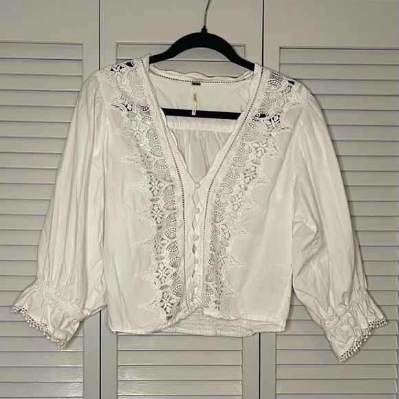 Free People White 3/4 Sleeve Louella Embroidered Top - Picture 2 of 7